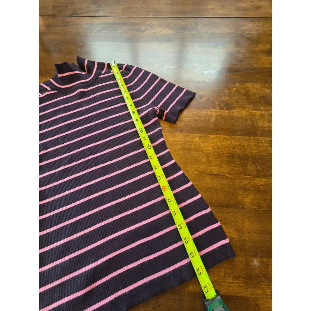 Free Assembly Striped Turtleneck Sweater Black Pink Ribbed Short Sleeve Top M - Picture 7 of 8